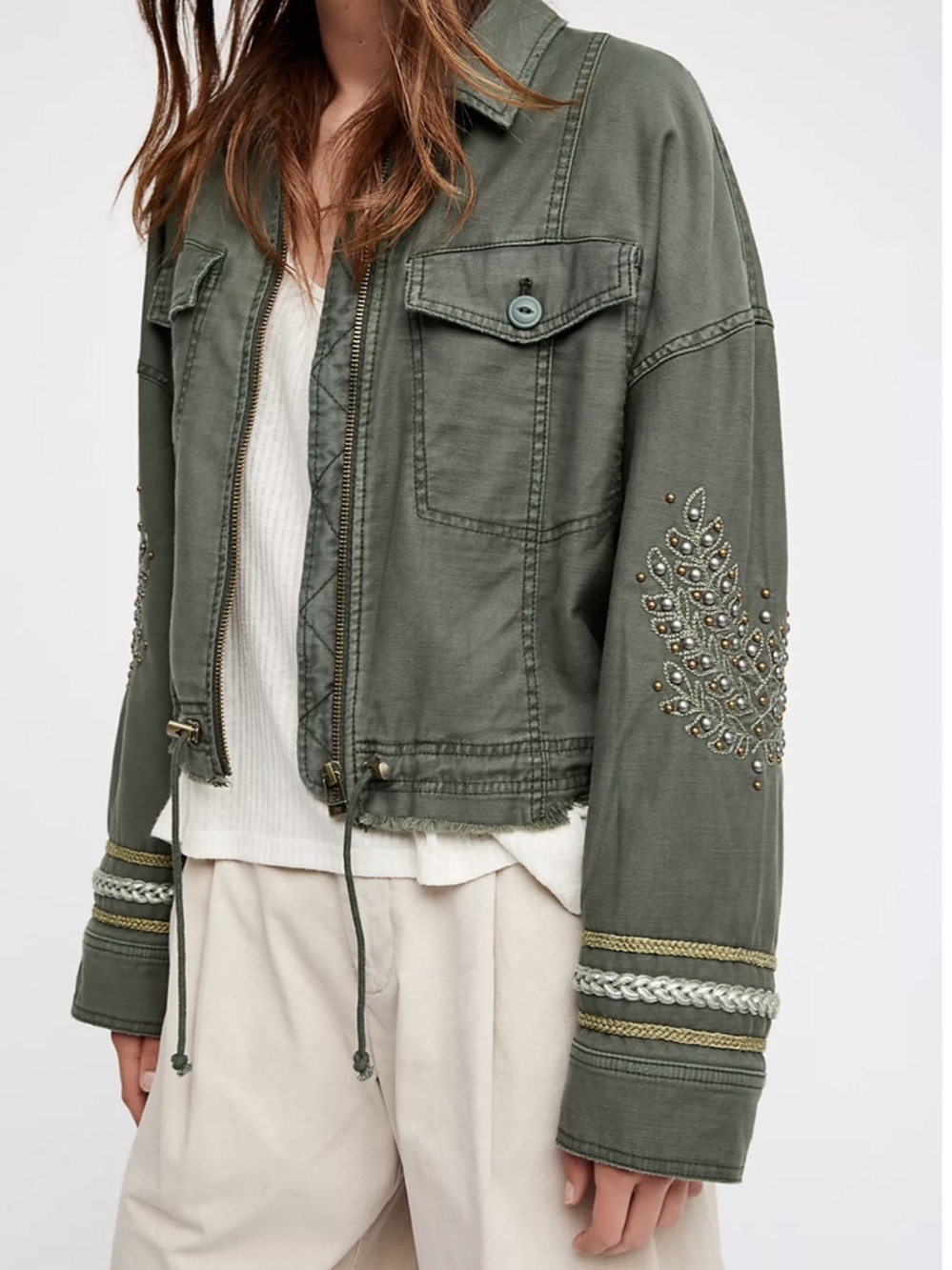 Free People Olive Utility Jacket with Bead Embellishment